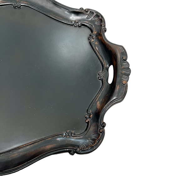 VINTAGE ITALIAN BROWN WOOD HANDLED TRAY WITH ACANTHUS LEAF & SCROLL DECORATION - Picture 3 of 15